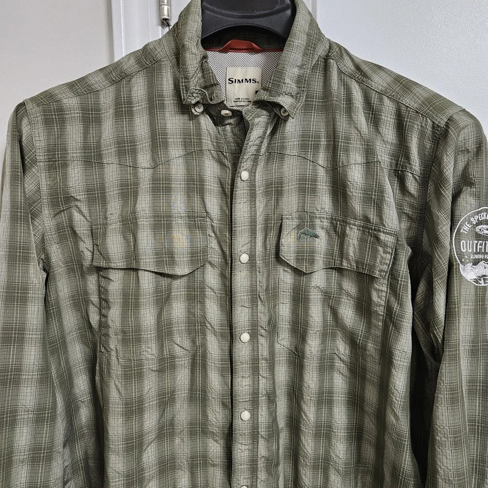 Simms Fishing Shirt Men L Green Plaid Speckled Trout Outfitters Long Sleeve Snap - Picture 4 of 11
